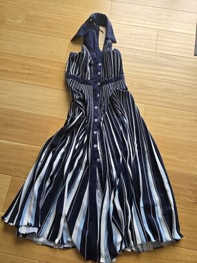 Anthropologie Navy and White Striped Halter Button-Front Midi Dress